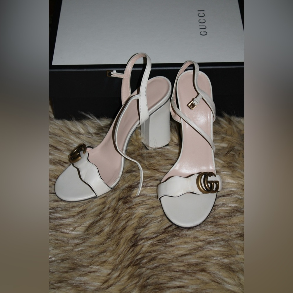 Gucci Leather GG Marmont Open Toe Block Heel Slingback Sandals
